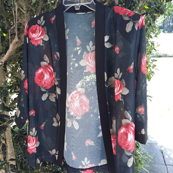 NAVY/BLACK SHEER ROSE KIMONO-STYLE JACKET, MP - Picture 1 of 5